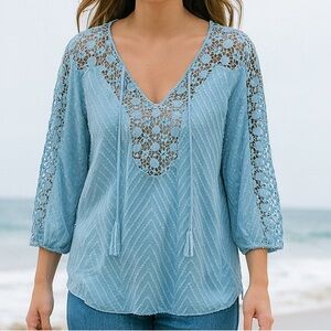BILA tie front blue lace 3/4 sleeve boho blouse Medium